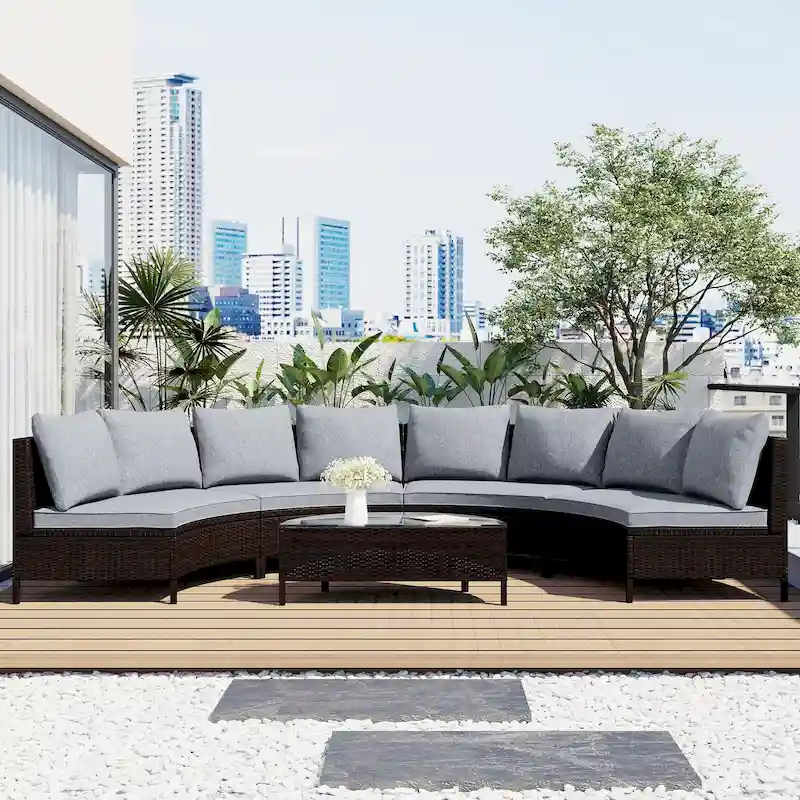 5-Pieces All-Weather PE Rattan Wicker Half-Moon Sofa Set
