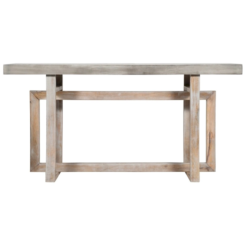 59 Inch Artisan Crafted Farmhouse Console Table with Geometric Interlocked Base, Rustic Light Brown