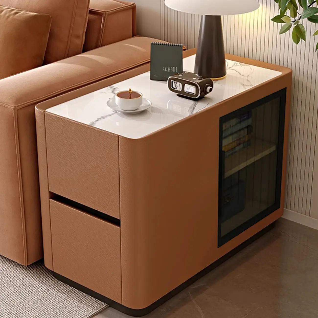 Elegant Rectangular End Table Marble Top and Leather Body