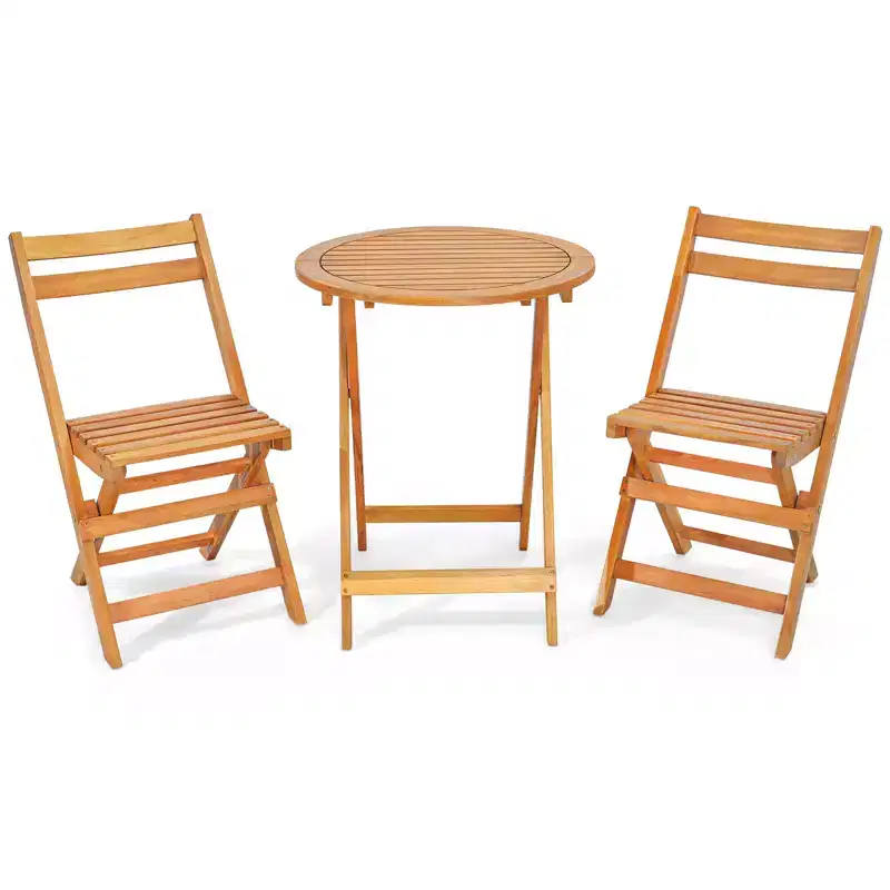 Gymax 3 PCS Folding Patio Bistro Set w/ Solid Acacia Wood Table & Chairs Slatted Design for Breathability for Garden Patio Poolside