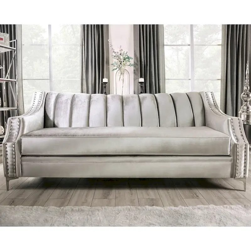 Transitional Button-Tufted Chenille Sofa with Nailhead Trim – Silver / Champagne & Turquoise – 3-Seater