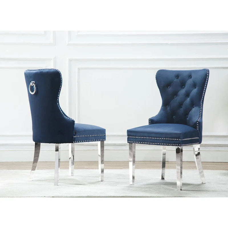 Wingback Button-Tufted Dining Chairs with Nailhead Trim & Steel Frame – Black / Grey / Cream / Navy Blue / White Faux Leather