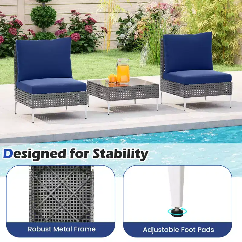 Costway 3 PCS Patio Furniture Set with Tempered Glass Coffee Table Soft Back & Seat Cushions Navy/White/Gray