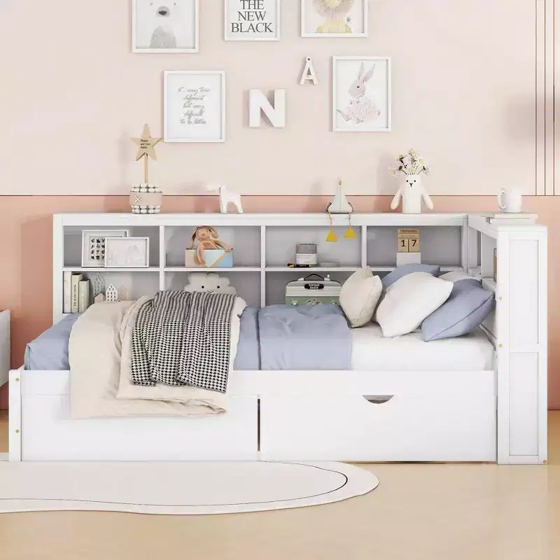MAYEERTY Wooden Full Size Daybed with 2 Drawers Storage Shelf and Ports for Bedroom White