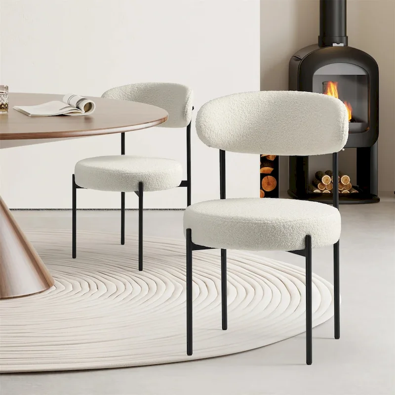 White/Grey/Black Upholstered Round Dining Chair, Mid-Century Style, Set of 2