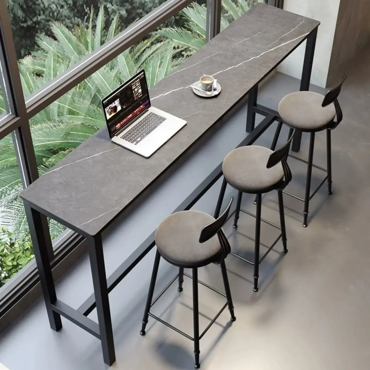 Modern Dove Grey Stone Top Steel Footrest Bar Tables
