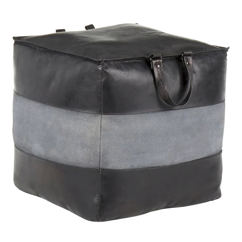 Industrial Pouf Ottoman in Leather and Canvas