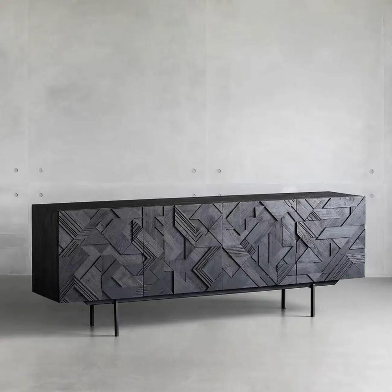 Modern Black Geometric Wooden Buffet Table with Cabinets