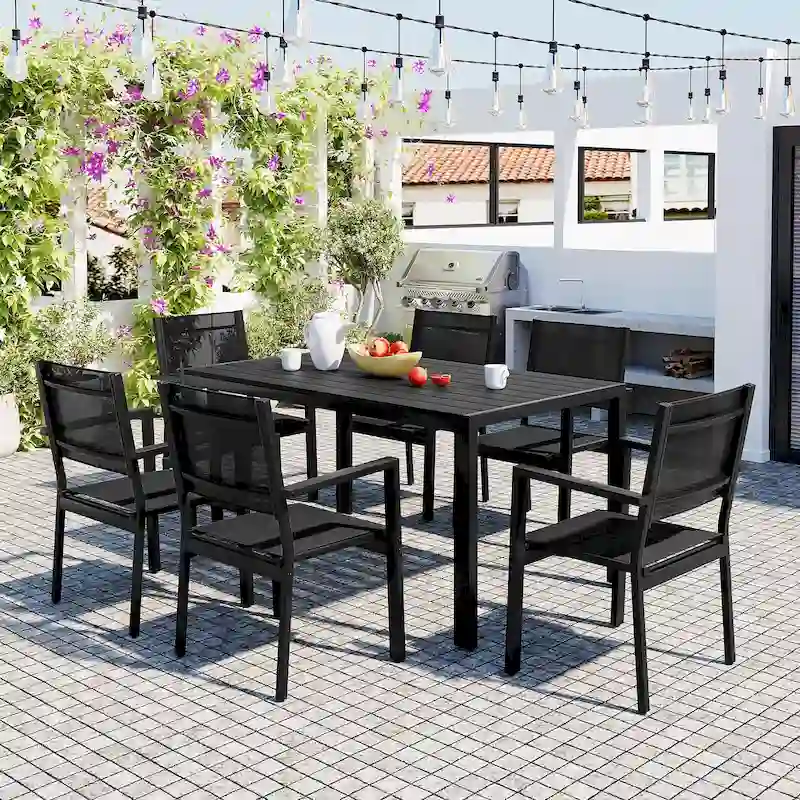 7-Piece Outdoor Patio Dining Set, with 6 Stackable Patio Chairs and Rectangular Dining Table for Patio, Balcony