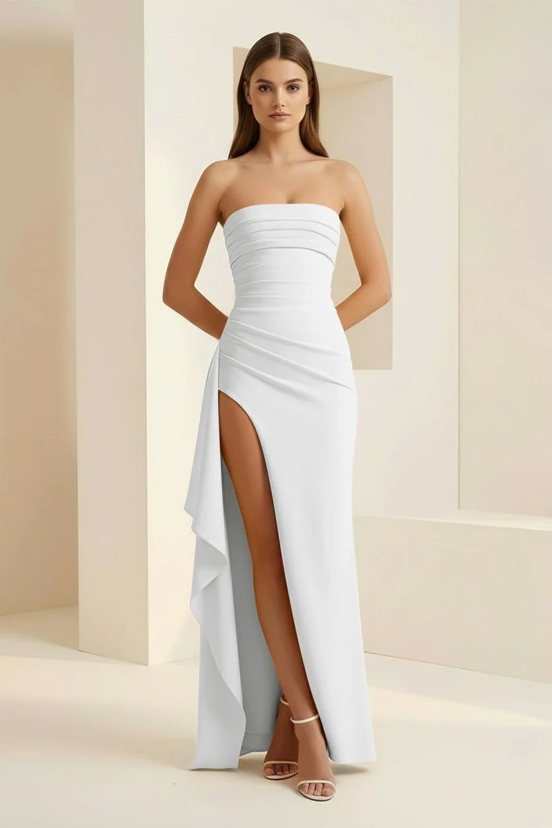 White - Mermaid Strapless Satin Pleated Long Prom Dress with Slit