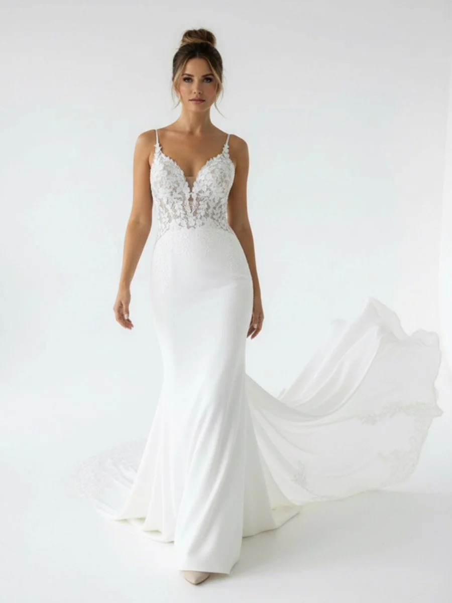 Mermaid V Neck Satin Wedding Dresses with Lace Appliques