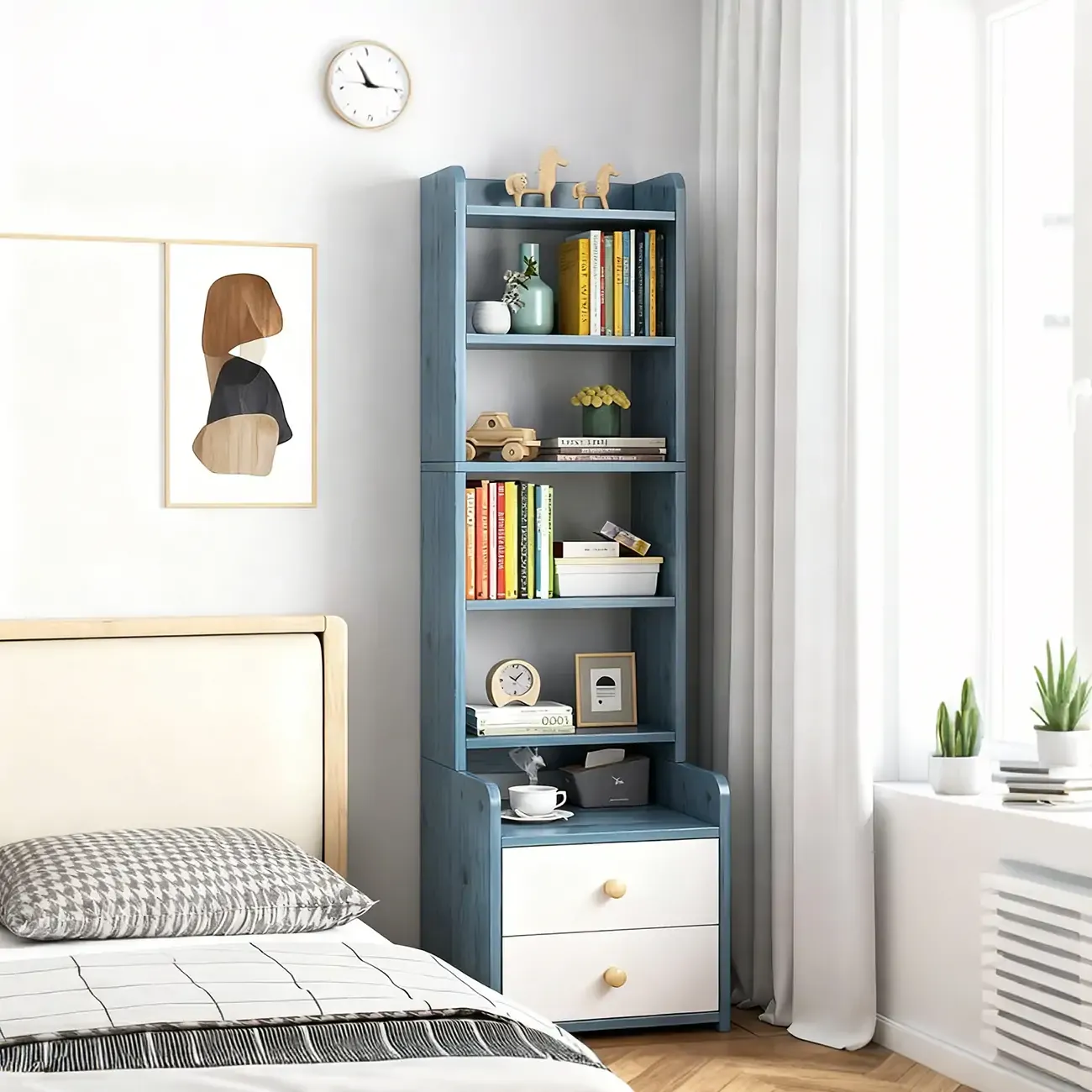 Modern Tall Wood Spacious Shelves 2-Drawer Nightstand