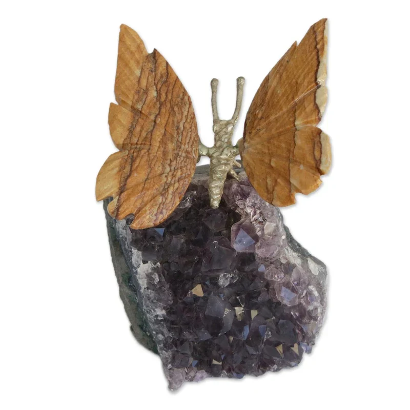 NOVICA Handmade Earthen Wings Jasper And Amethyst Gemstone Figurine (Brazil) - 3.1  H x 2.8  W x 2  D