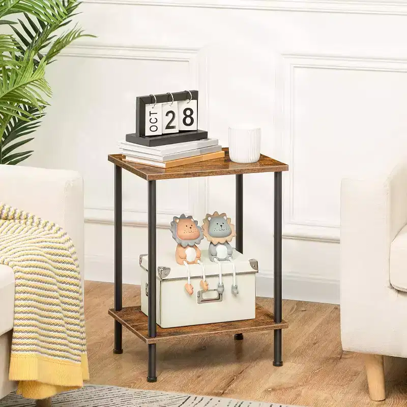 ACOINEL End Table, Small Side Table with 2-Layer Storage Shelves, Industrial Sofa Table for Small Spaces, Living Room/Bedroom
