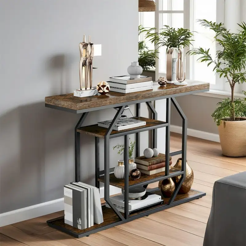 Black & Rustic Brown Industrial Console Table, 4-Tier Shelves, 1-Person Assembly