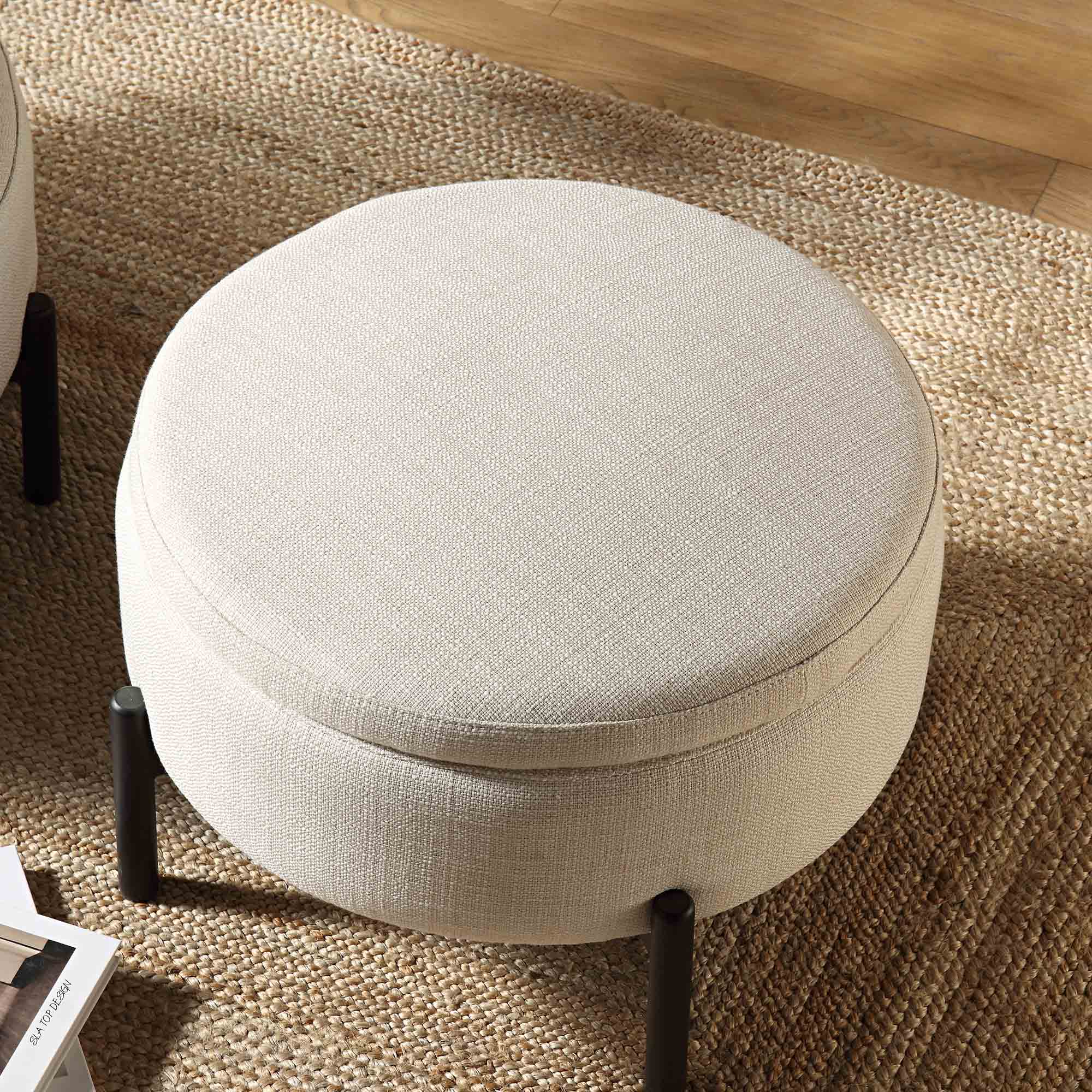 Round Storage Pouffe, Beige Linen Blend