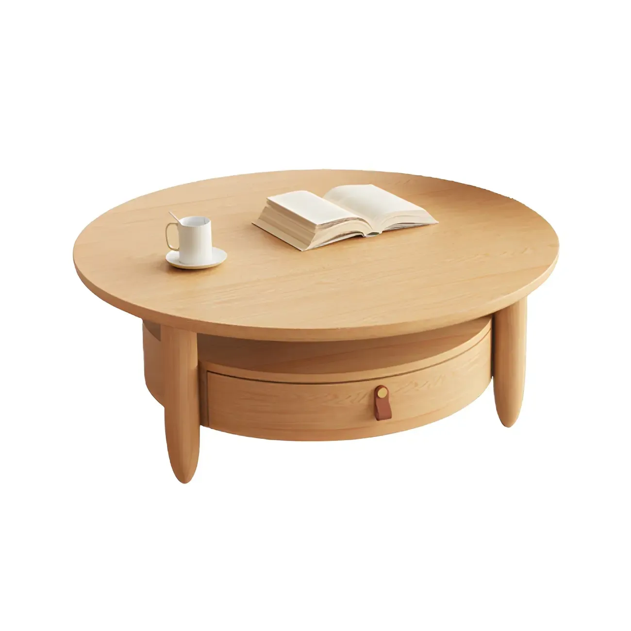 Brown Round Modern Wood Glass Drawer Coffee Table