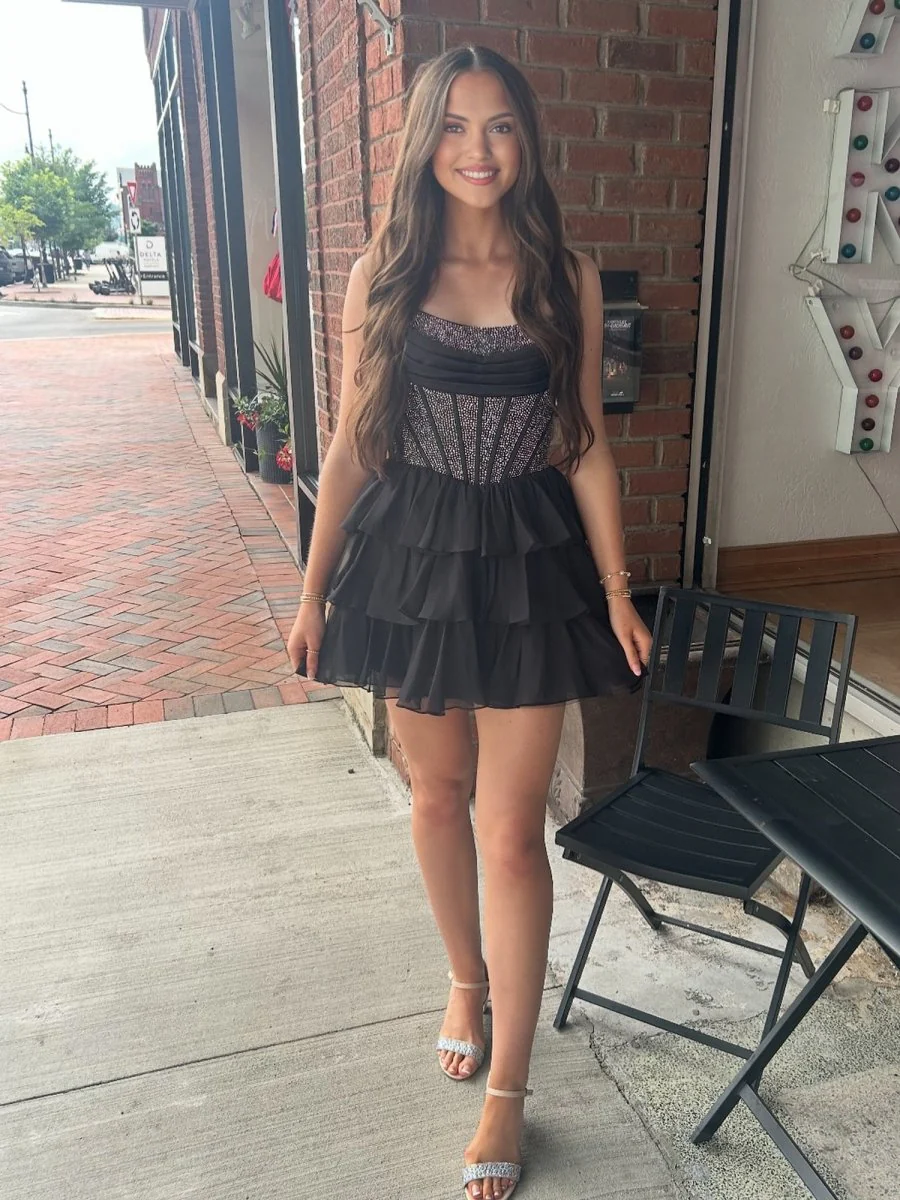 Black - Strapless A Line Chiffon Beaded Mini Party Dresses With Ruffles