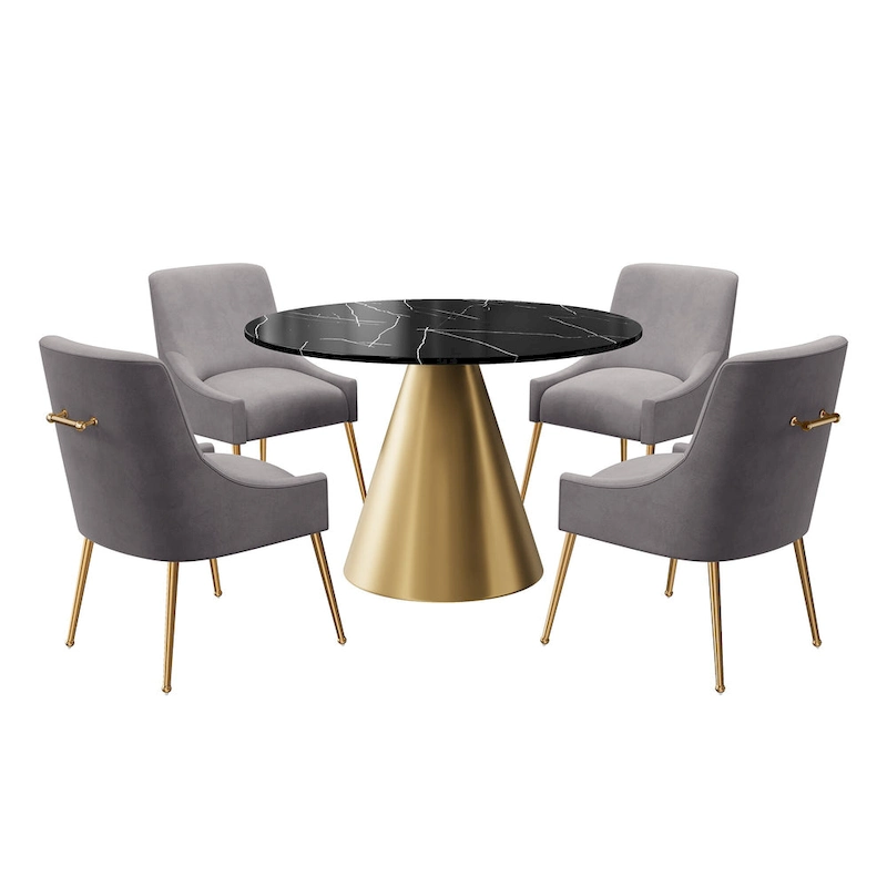 Clihome 5 Piece Black Marble Top Table with Velvet Dining Chair Set