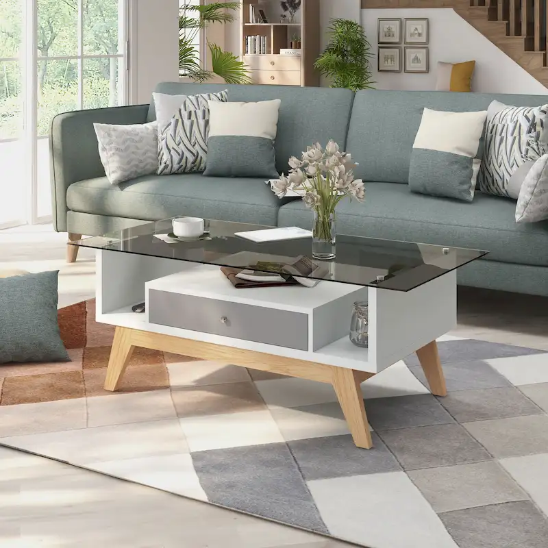 Glass Top Coffee Table - White/Natural Wood, Mid-Century Modern, Multi-User