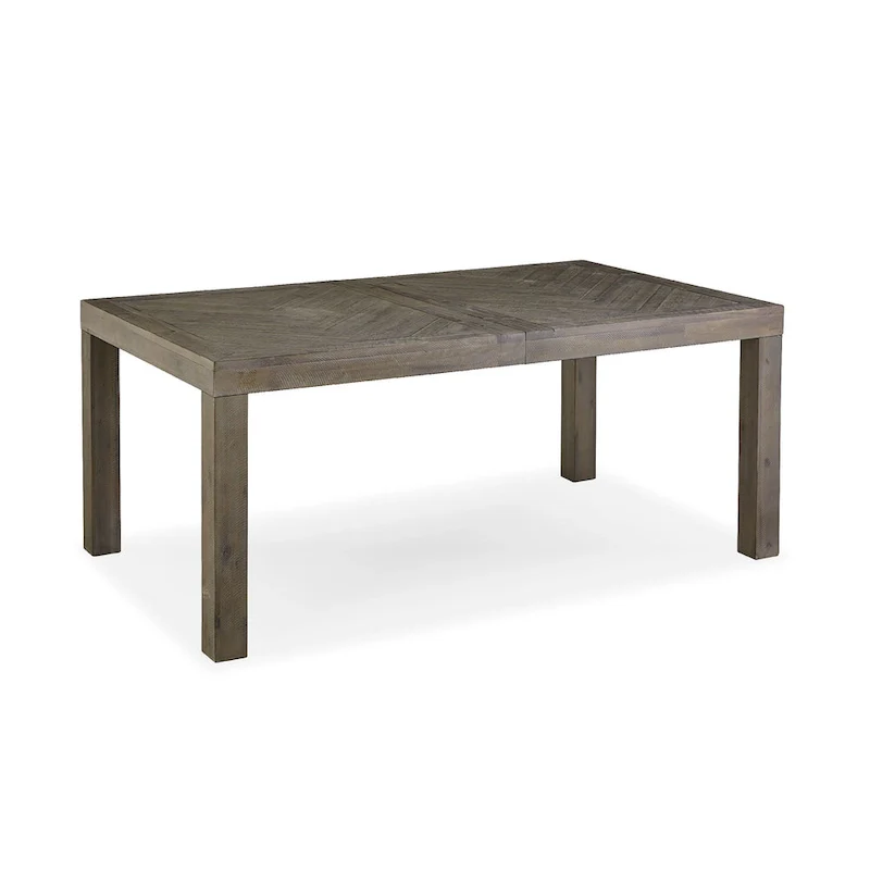 Gray Solid Acacia Wood Extendable Dining Table with Herringbone Pattern and Extension Leaf – 7-Person