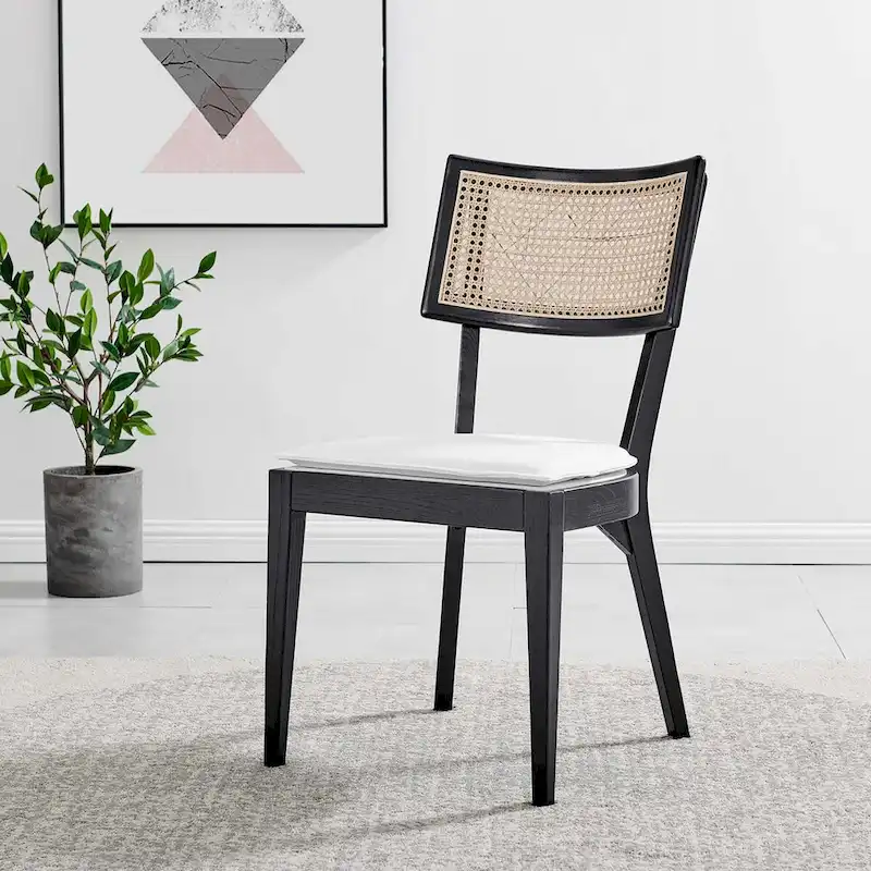 Natural Wood Dining Chair with Rattan Back