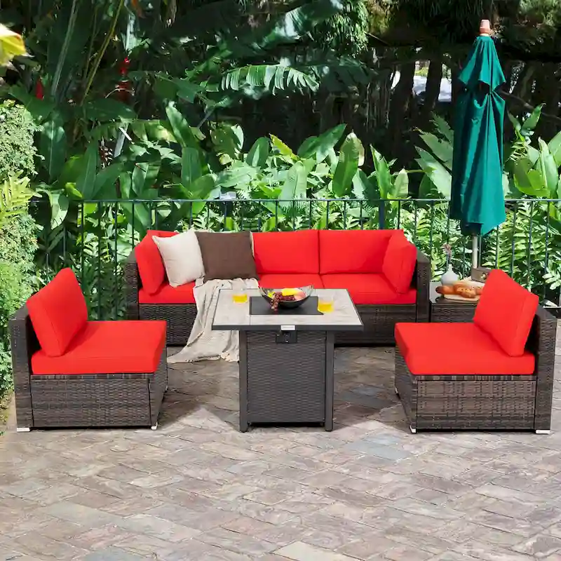 Costway 7PCS Patio Rattan Furniture Set 30 Fire Pit Table Cover - See Details