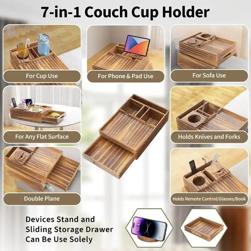 Brown Wooden Sofa Armrest Tray with Cup Holders - Multi-Person Use