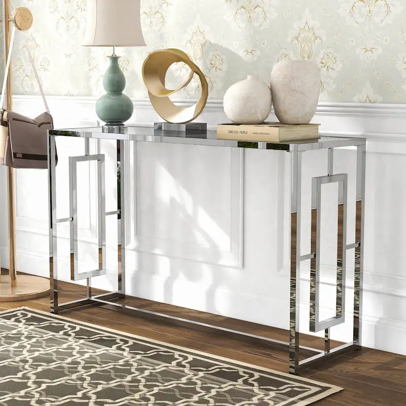 48-Inch Ripple Glass Top Sofa Table with Open Steel Frame