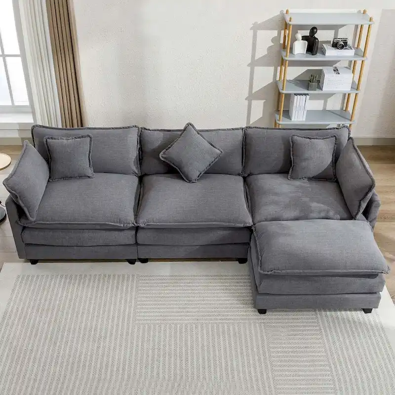 112 Modern L-Shape Chenille Upholstered Sofa with 5 Pillows