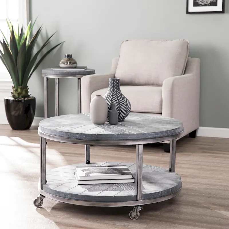 Industrial style round wooden coffee table with shelves