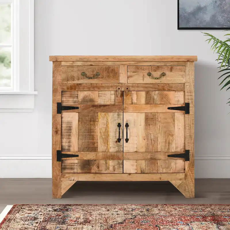Rustic Brown Mango Wood 2-Drawer 2-Door Storage Cabinet Console – Single