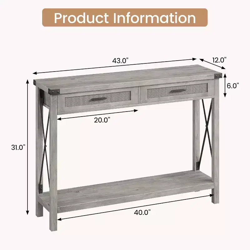 Farmhouse Entryway Table with 2 Drawers, Rataan Console Table for Entryway, Wooden Sofa Table for Living Room, Foyer, Hallway-Grey