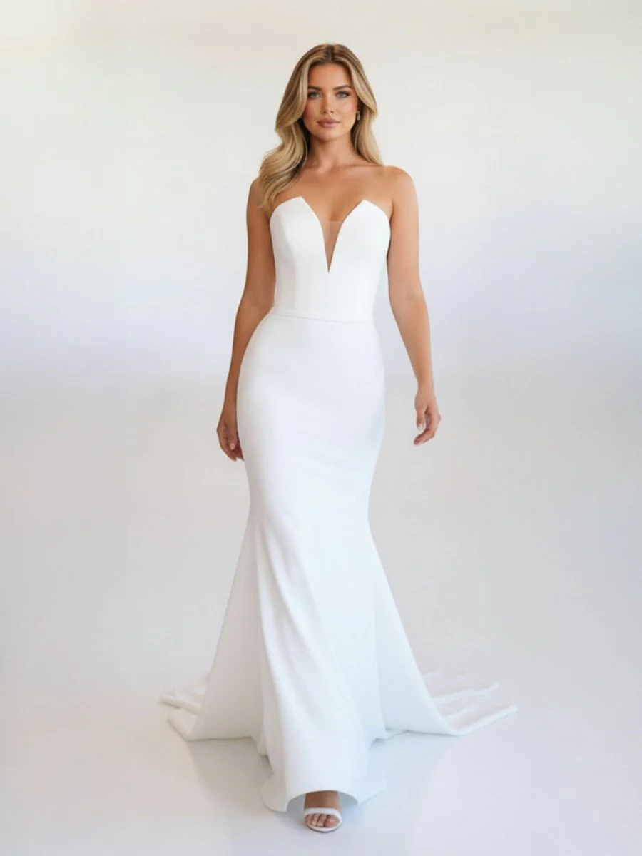 Simple White Boho Mermaid Satin Long Sleeveless Wedding Dress