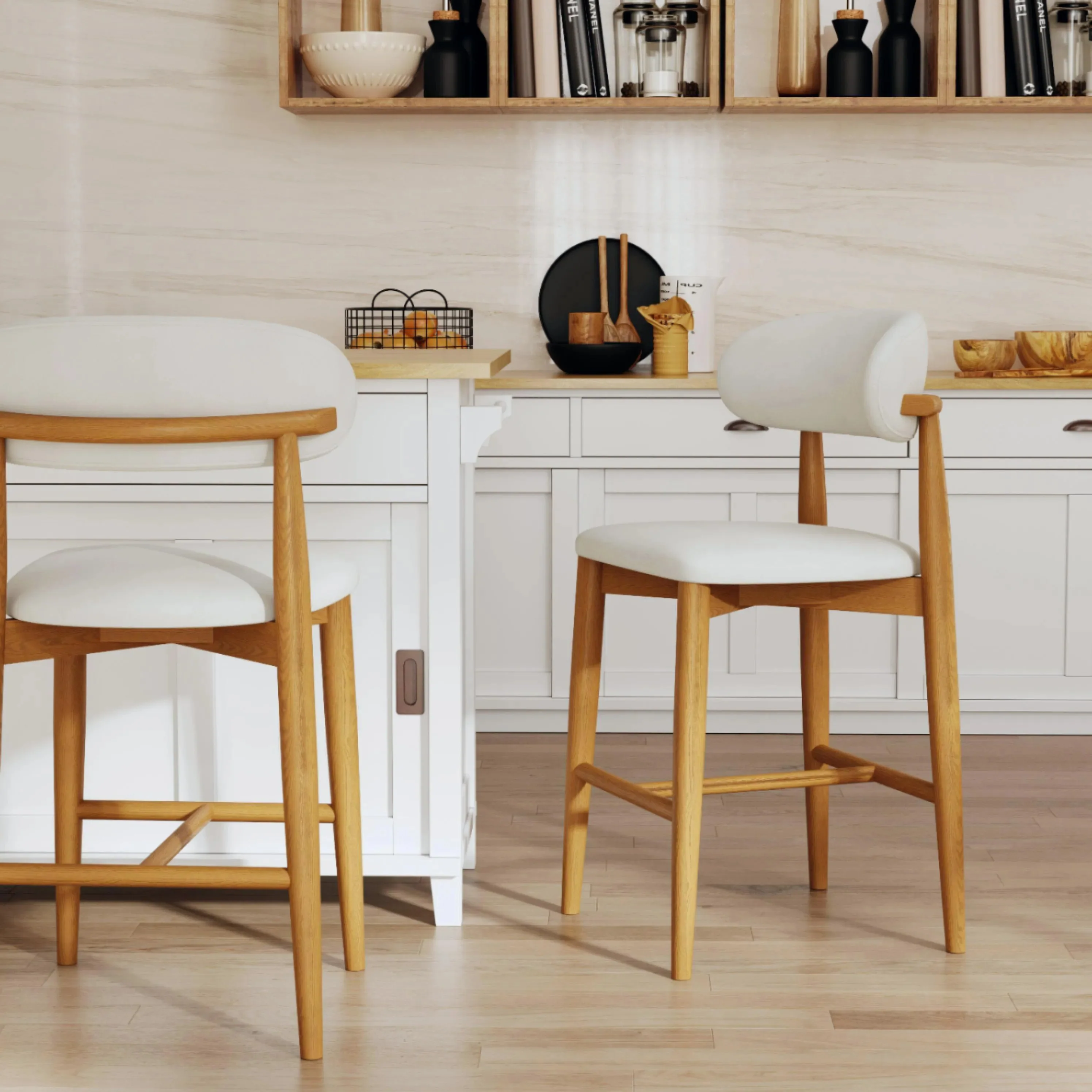 Modern Off-White Leather Curved Back Counter Bar Stools