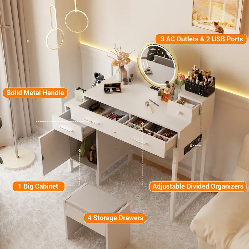 Vanity Desk with 4 Storage Drawers,Modern Makeup Vanity Table with Charging Station