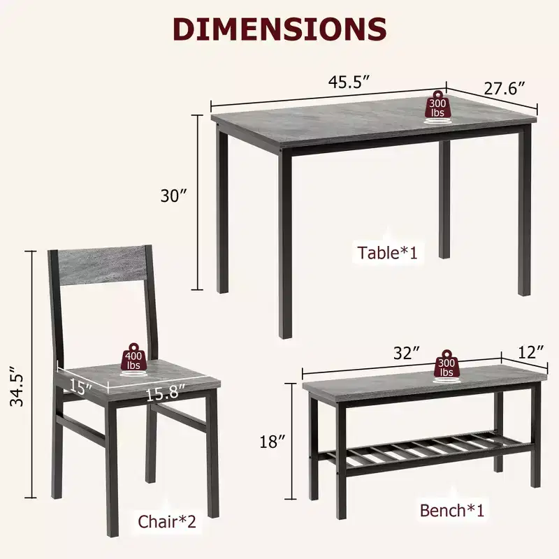 Dining Table 4-Piece with Dining Table, 2 Chairs, One Bench in Metal Frame, Rectangular Kitchen Table Set for Living Room, Dining Room, Grey
