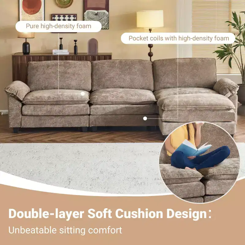 Karl Home |120 in. W Pillow Top Arm Double-layer Cushion Chenille Sofa in Brown With Ottoman