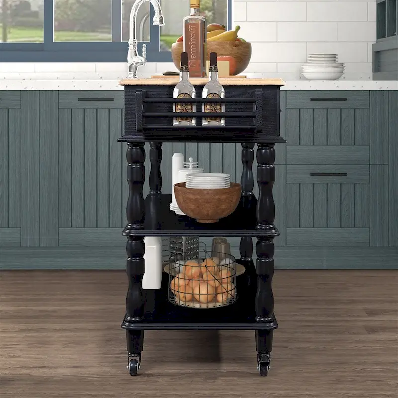 Rolling OAK Wood Top Kitchen Cart with Wine Rack and 2 Drawers