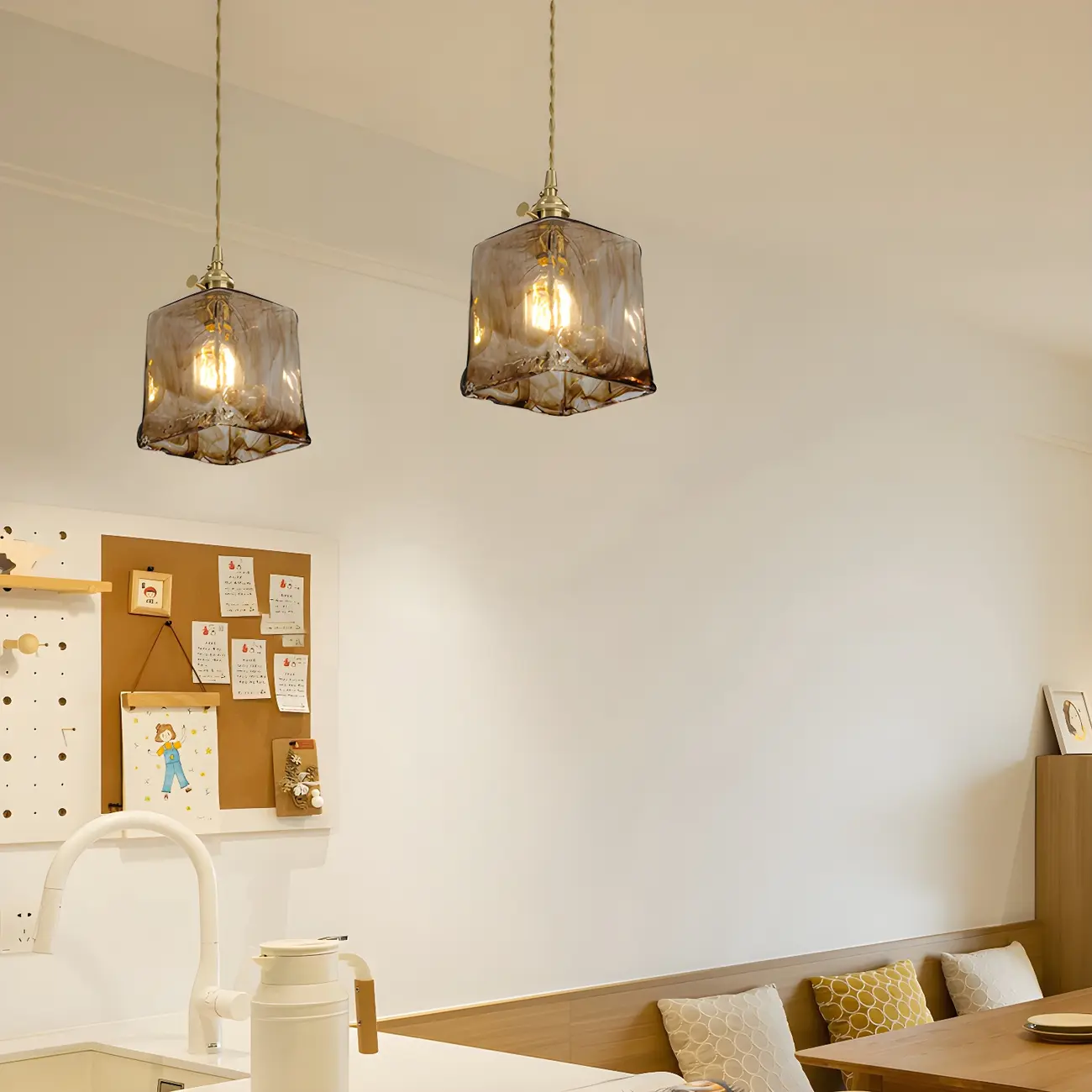 Adjustable Amber Glass Geometric Kitchen Pendant Lighting