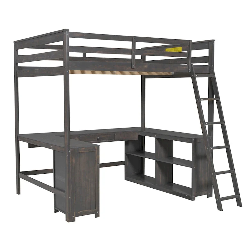 Antique Brown Full Size Solid Wood Loft Bed with Desk, Blackboard, 3 Drawers & Shelf