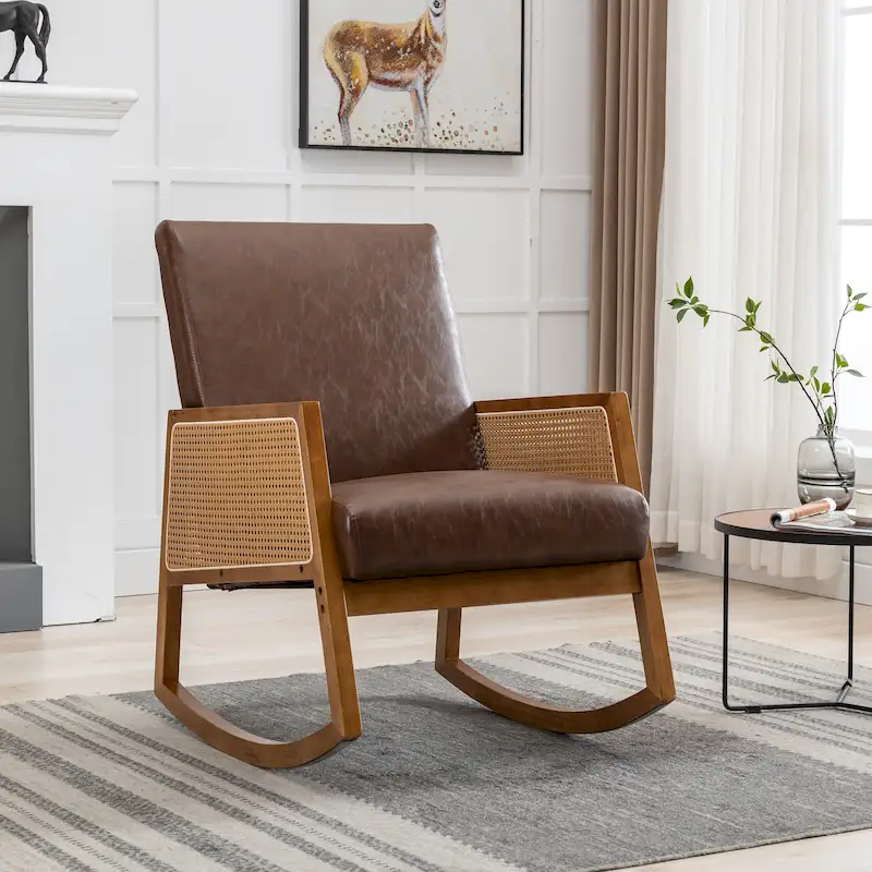 SEYNAR Modern PU Leather Rocking Chair with Rattan Arms