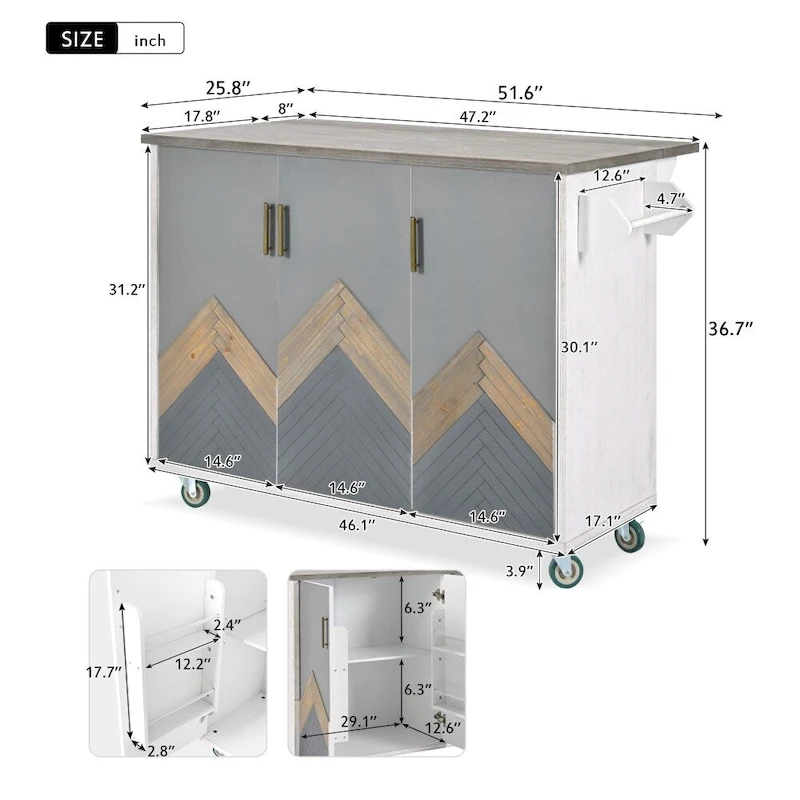 Retro MDF Kitchen Island on Wheels with Drop Leaf and Towel Rack