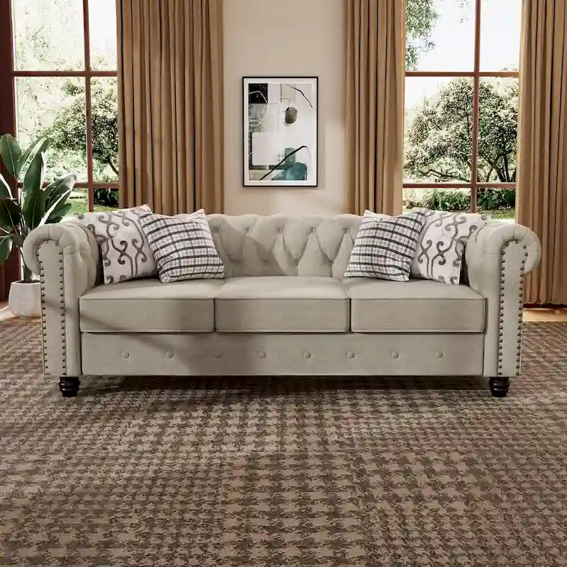 Linen Chesterfield Sofa | Button Tufted, Nailhead Trim, Solid Wood Legs, Living Room