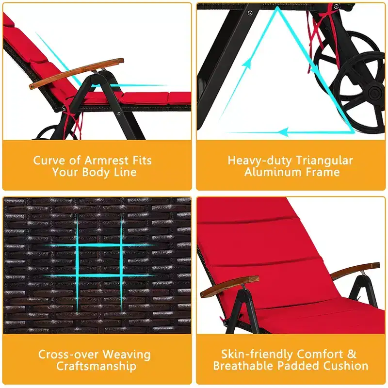 Costway 2 PCS Folding Patio Rattan Lounge Chair Cushioned Aluminum w/ Wheel