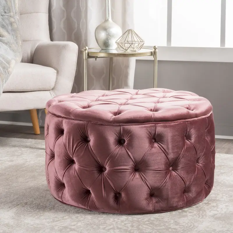 Modern Glam Tufted Velvet Round Ottoman