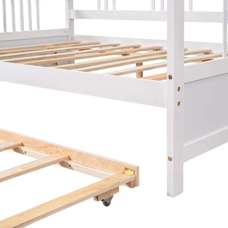 Full Daybed with Twin Size Trundle, Wood Full Size Bed Frame with Rails in Three Sides