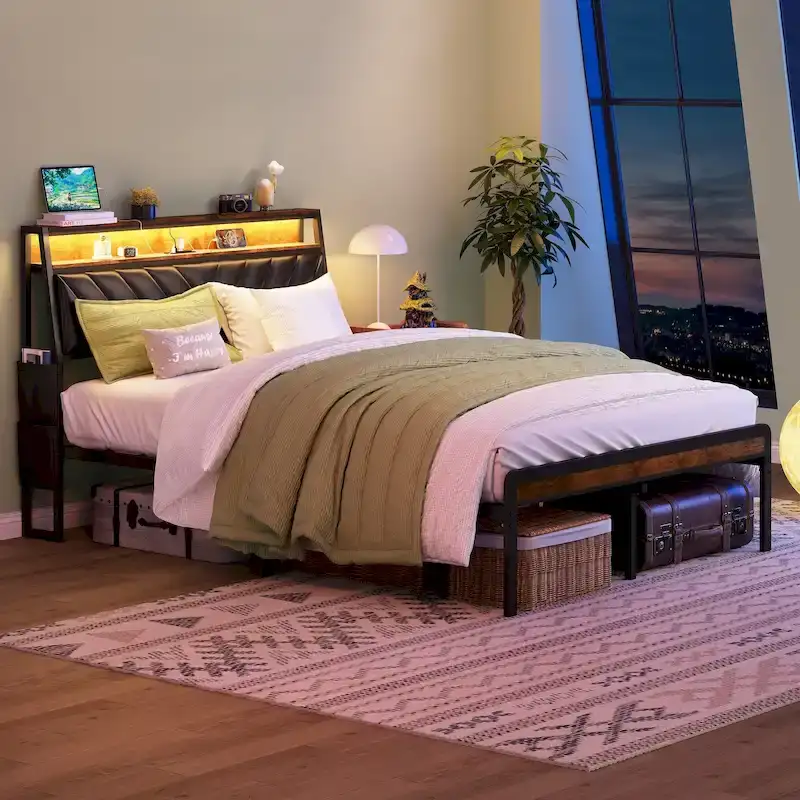 Queen Size Platform Bed with Tilted Upholstered Headboard, Charging Station, and LED Lights