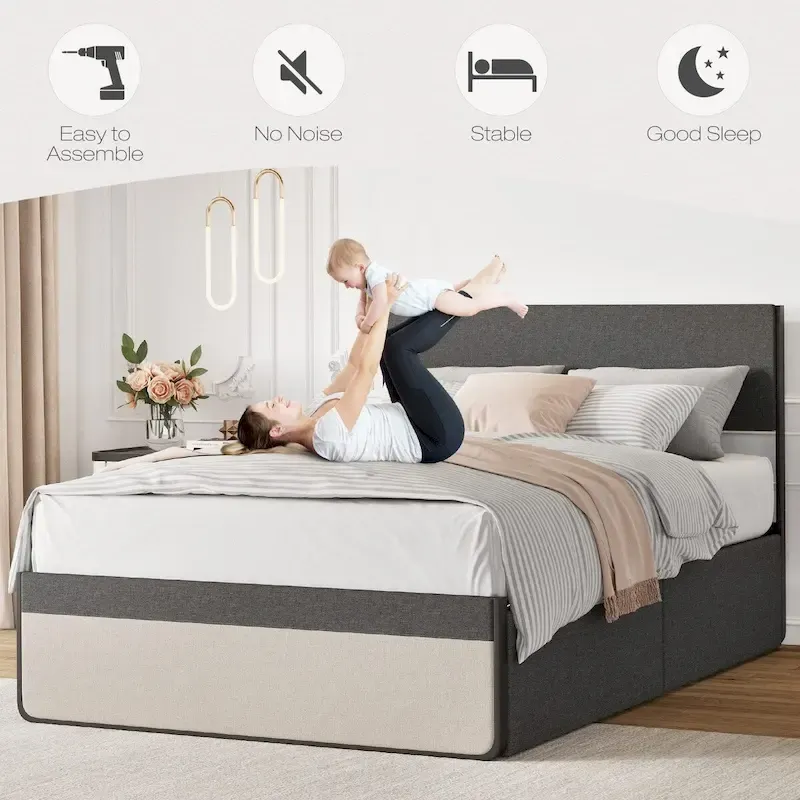 Bed Frame With 2 Storage Drawers And Upholstered Headboard