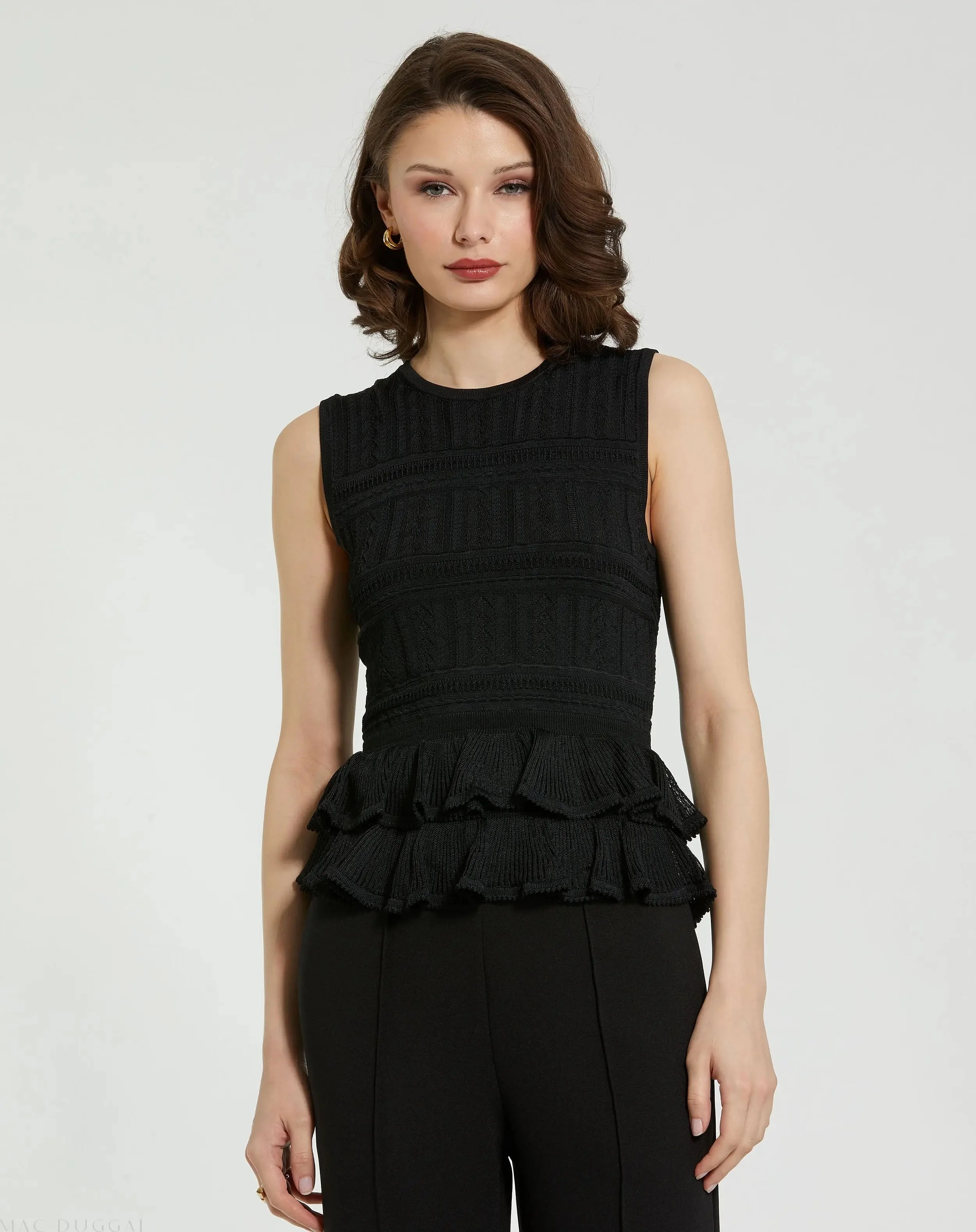 Black Sleeveless High Neck Knit Top With Ruffle Hem - FINAL SALE